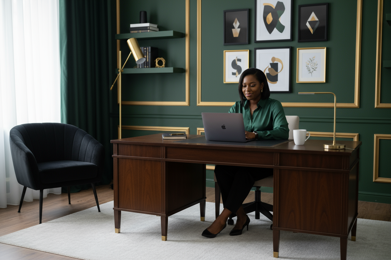 Background of a black lady working on her laptop with a calm smile color aesthetics are hunter green, jet black, dark golden, white smoke